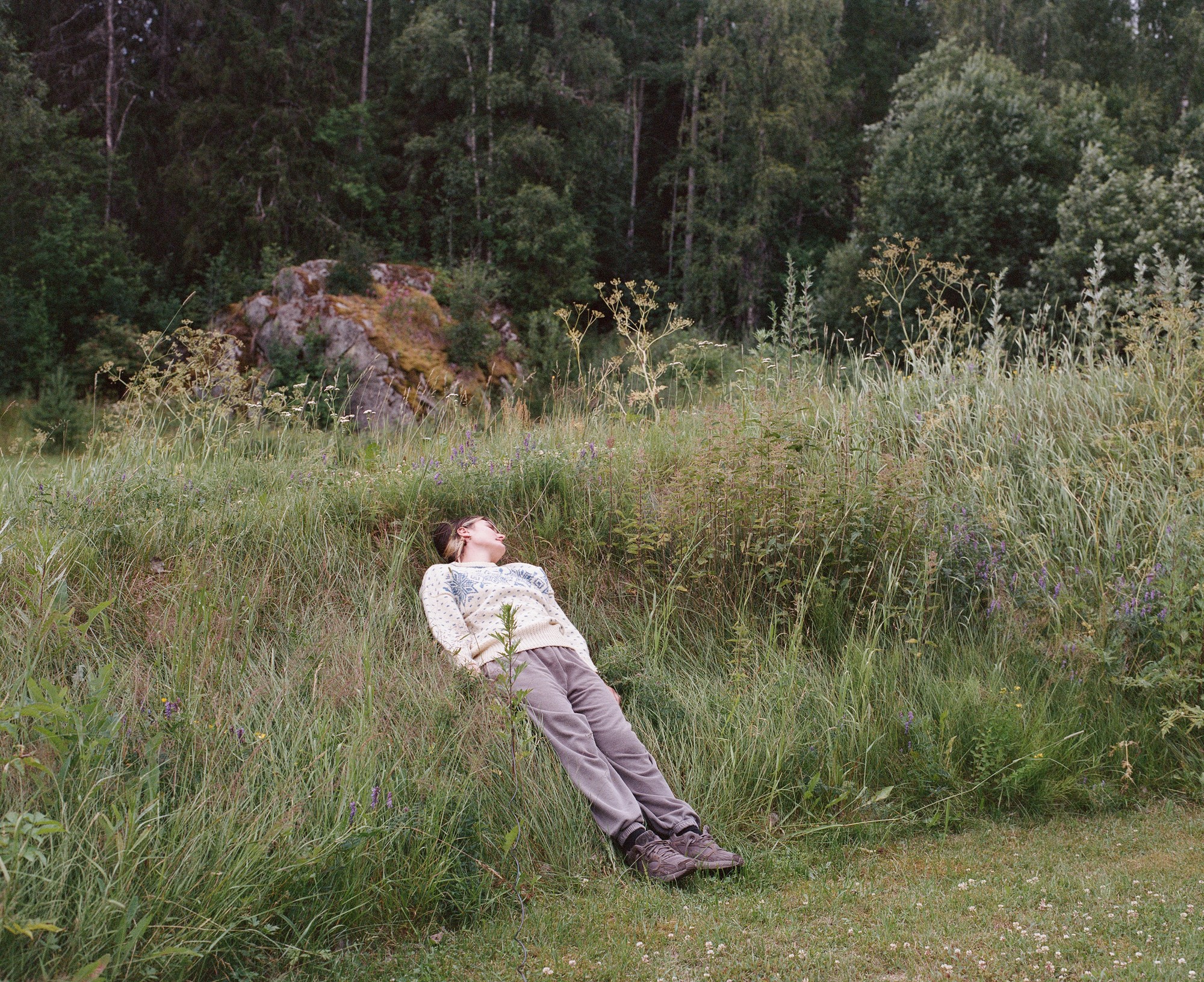 Figure resting in tall grass wearing a knit sweater