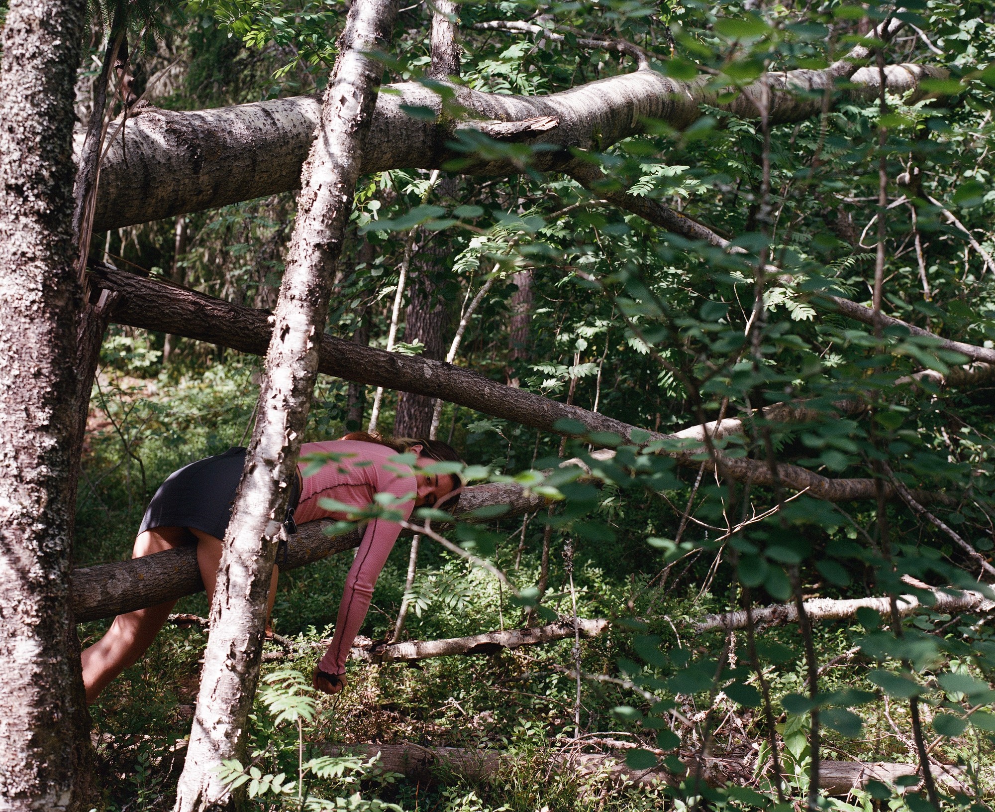 Figure climbing over a fallen tree in the forest