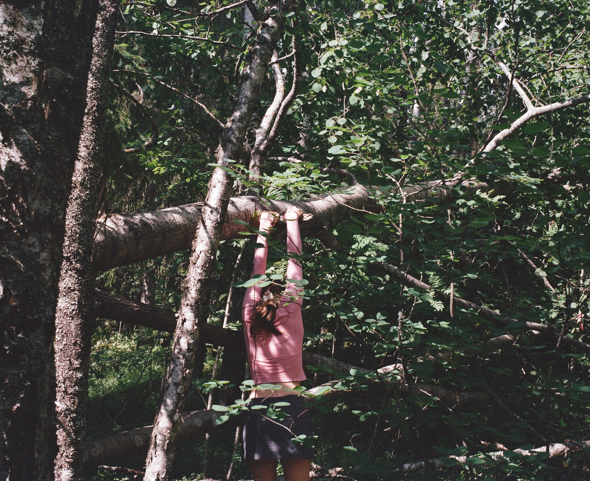 Figure from behind, arms raised on a fallen tree branch