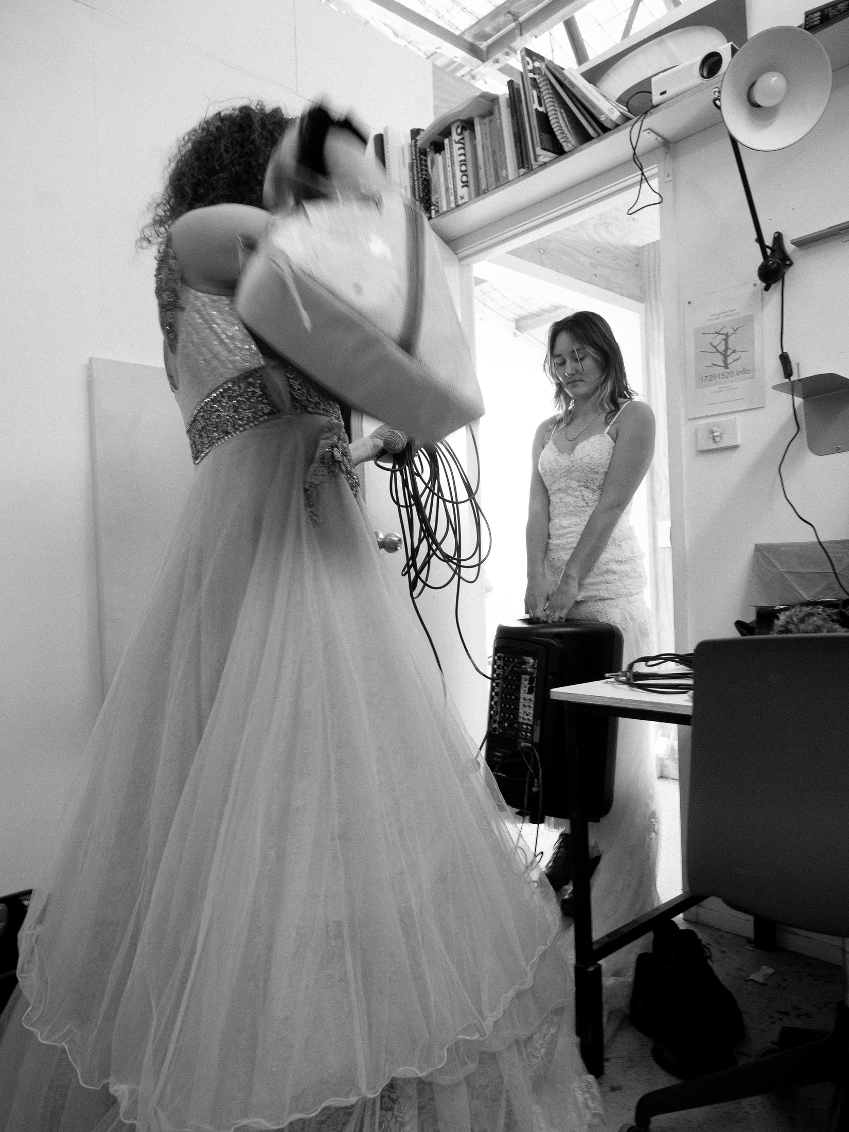 Auto Pilot performance, backstage moment with two performers in gowns
