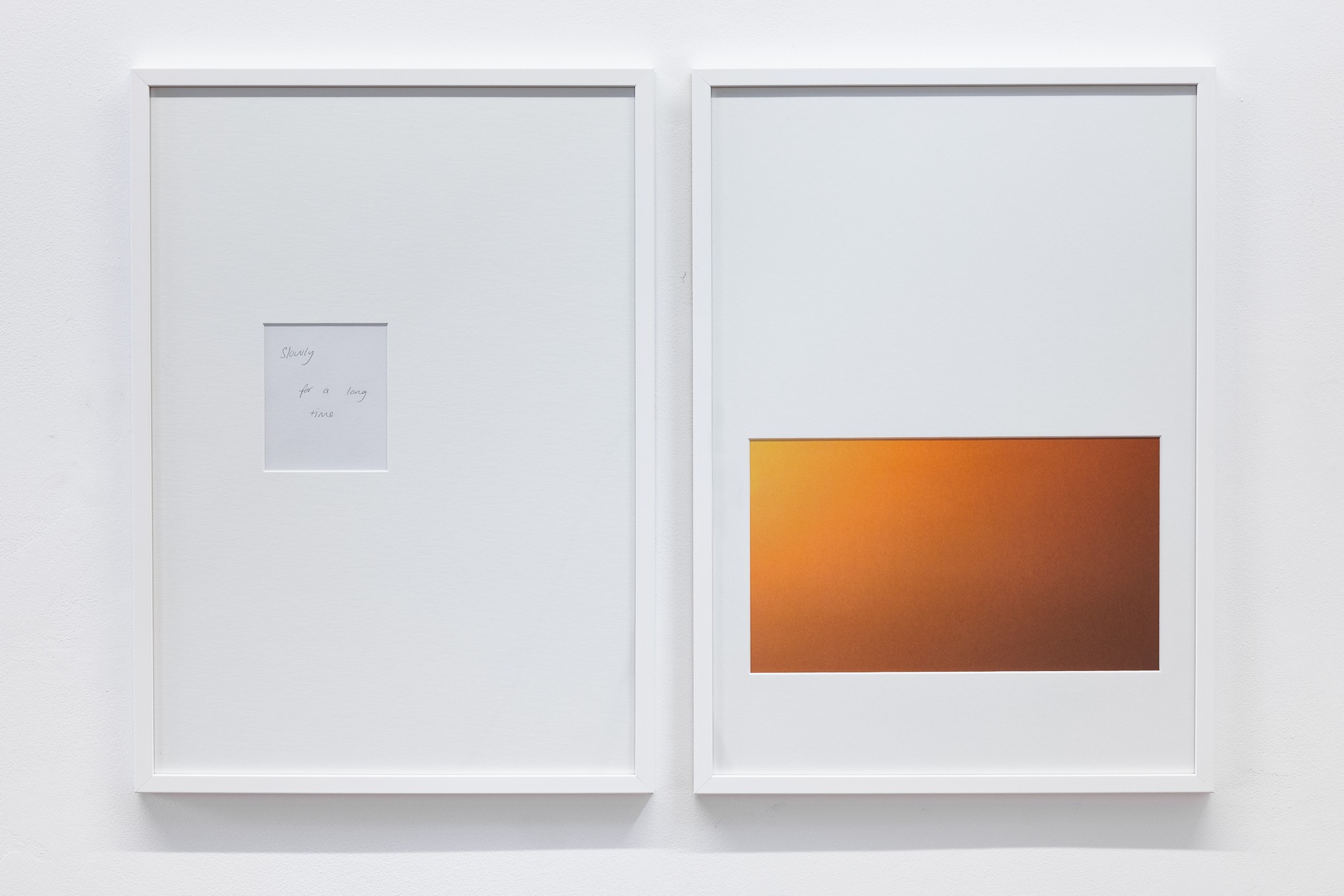 Auto Sun, two framed works, one with handwritten text, one with an orange gradient