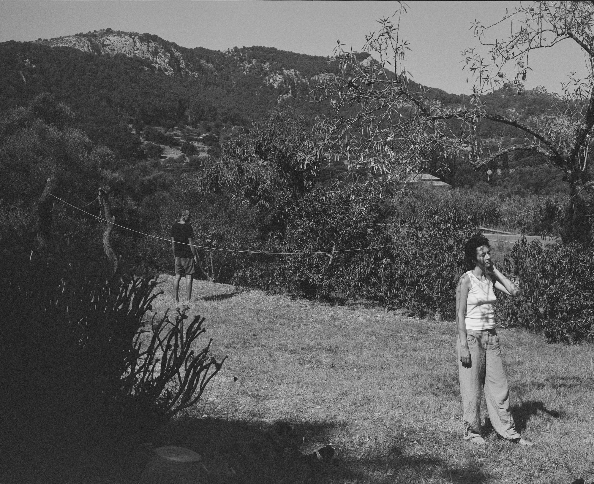 Black and white photograph, two figures in a landscape, Mallorca