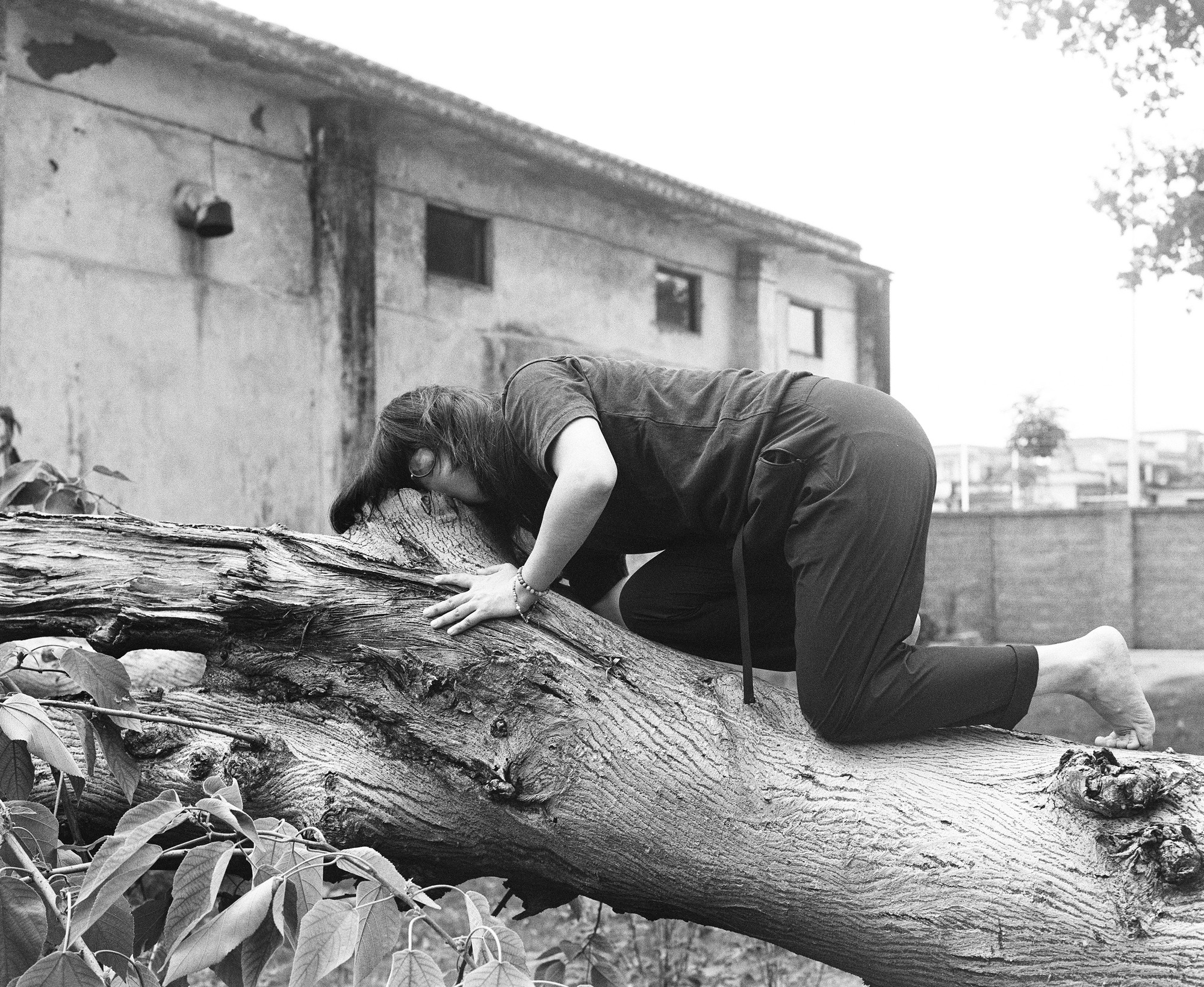 Figure resting against a tree branch in shallow water